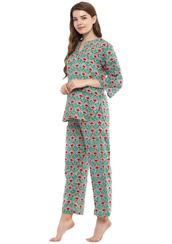 Turquoise Red Floral Hand Block Printed Cotton Night Suit - unidra.myshopify.com