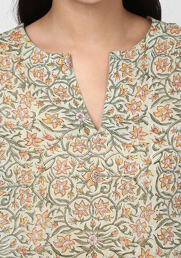 Green Peach Floral Hand Block Printed Cotton Night Suit - unidra.myshopify.com
