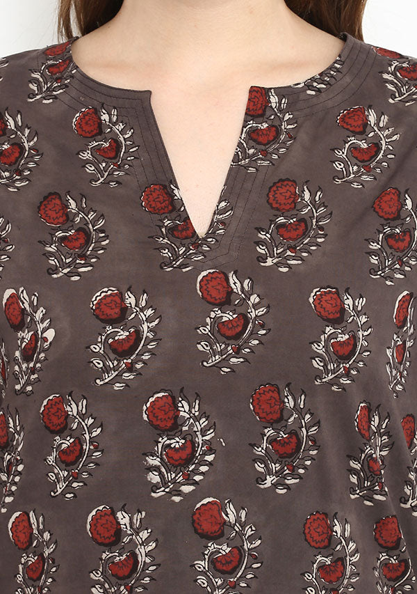 Brown Maroon Flower Motif Hand Block Printed Night Suit with Beige Pyjamas - unidra.myshopify.com