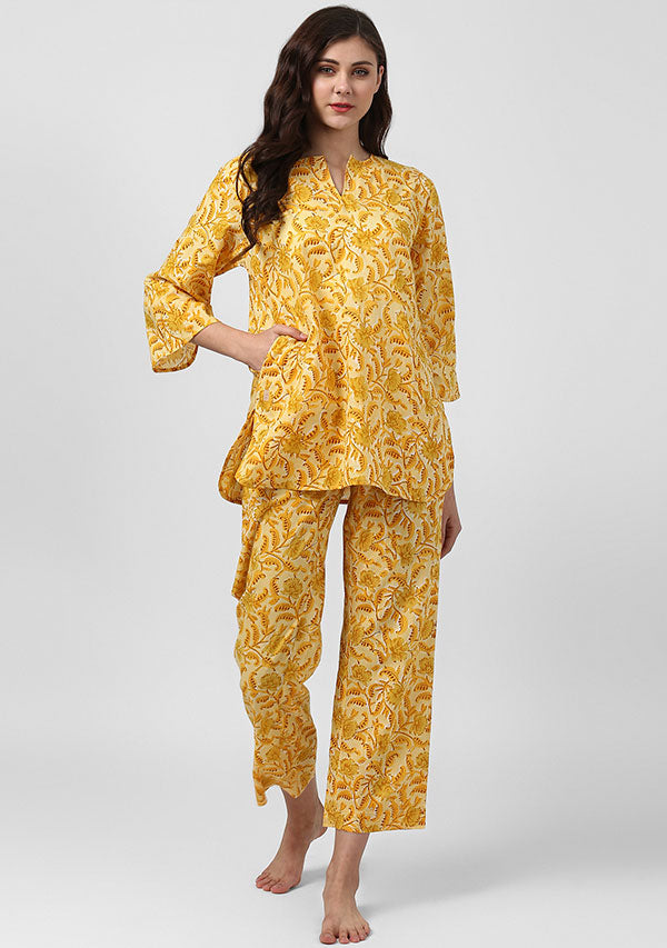 Yellow Ivory Floral Hand Block Printed Cotton Night Suit - unidra.myshopify.com