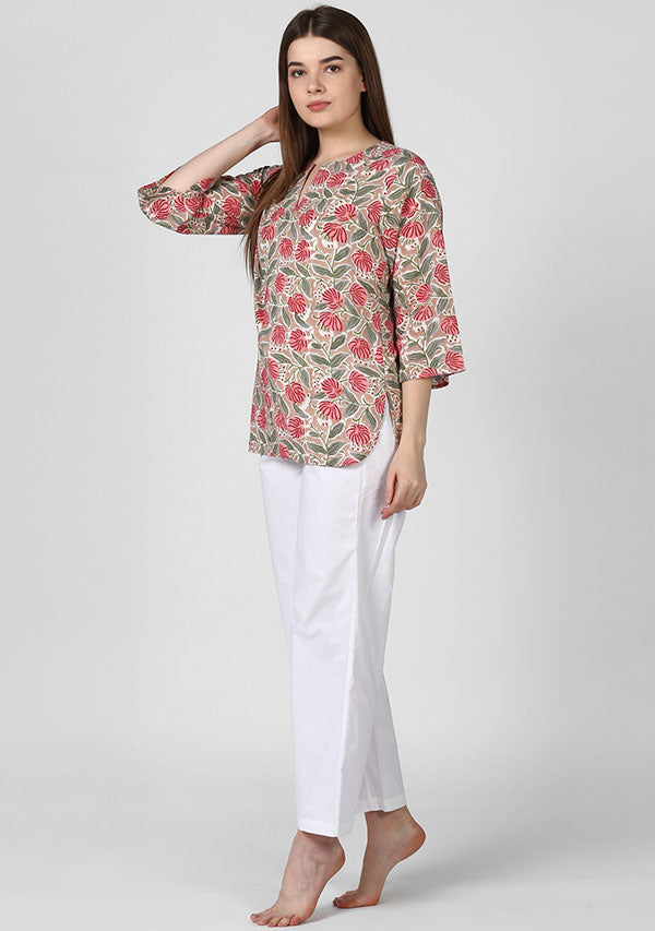Beige Pink Floral Hand Block Printed Night Suit With White Pyjamas - unidra.myshopify.com