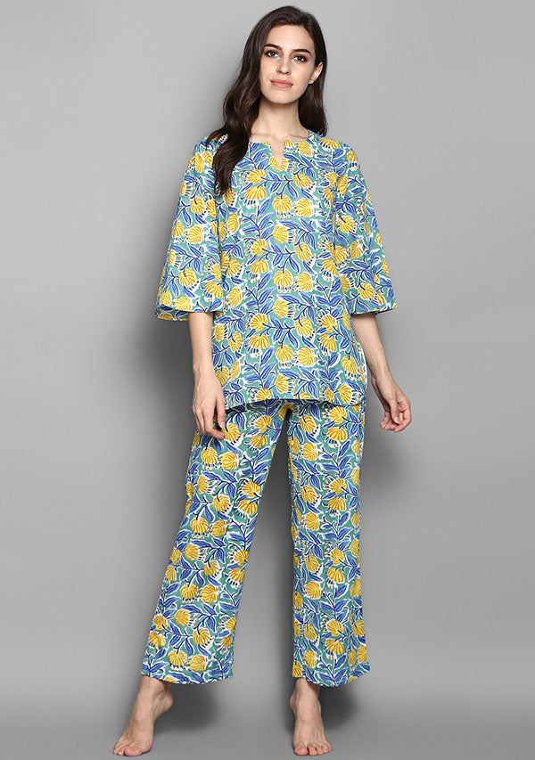 Turquoise Yellow Flower Motif Hand Block Printed Cotton Night Suit - unidra.myshopify.com