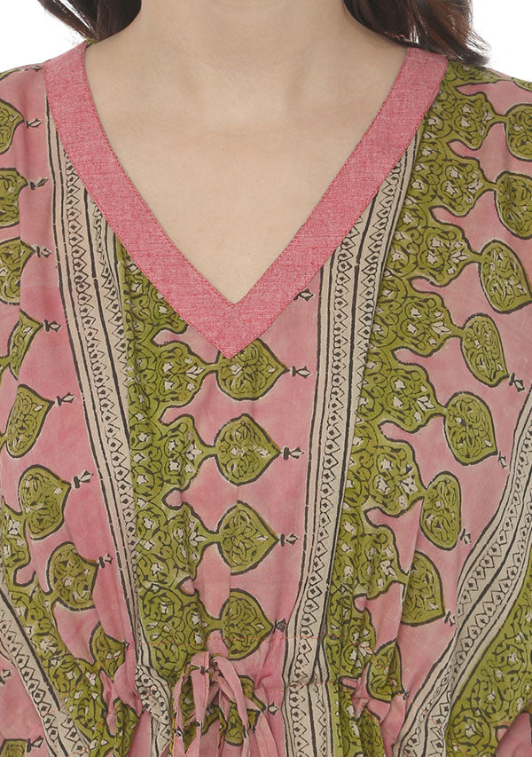 Pink Green Hand Block Printed Short Kaftan with White Pyjamas - unidra.myshopify.com