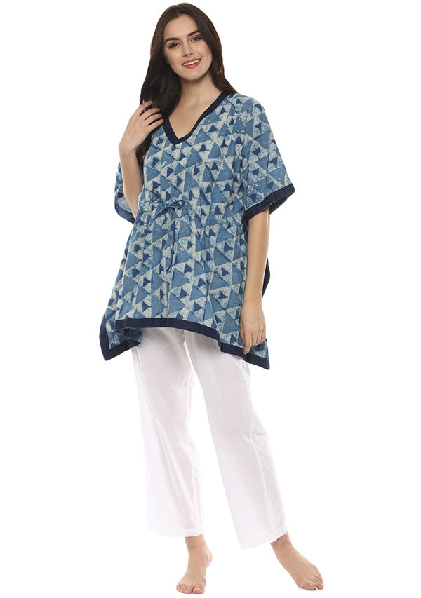 Indigo Ivory Hand Block Printed Short Kaftan with White Pyjamas - unidra.myshopify.com