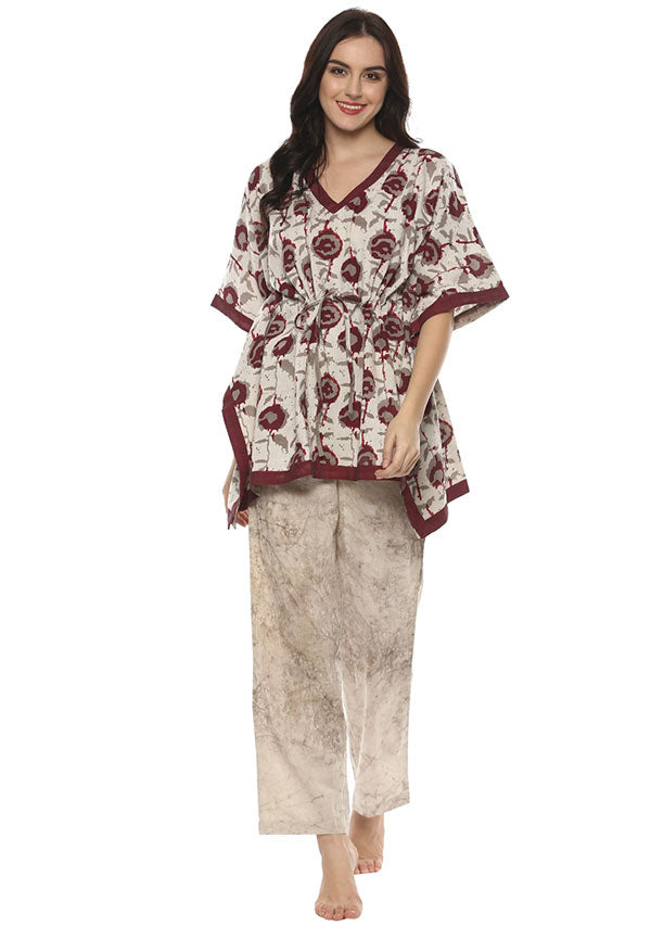 Ivory Maroon Hand Block Printed Short Kaftan with Pyjamas - unidra.myshopify.com