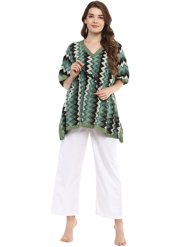 Green Ivory Chevron Hand Block Printed Short Cotton Kaftan with White Pyjamas - unidra.myshopify.com