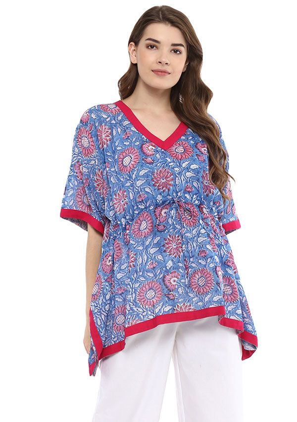 Blue Pink Floral Hand Block Printed Short Kaftan with White Pyjamas - unidra.myshopify.com
