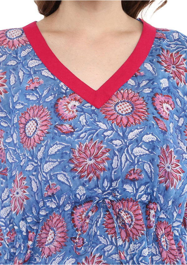 Blue Pink Floral Hand Block Printed Short Kaftan with White Pyjamas - unidra.myshopify.com