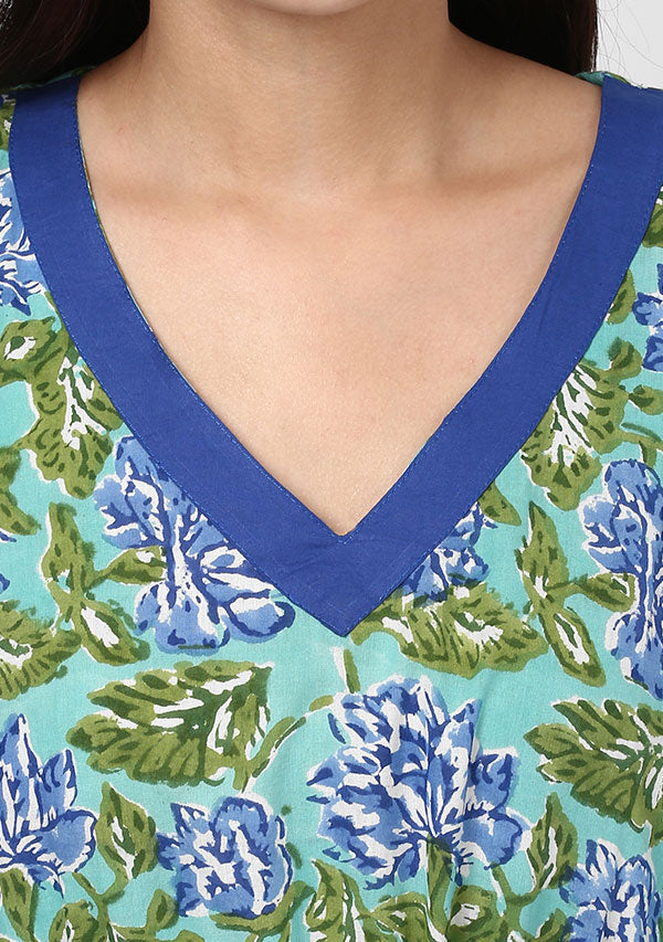 Aqua Blue Flower Motif Hand Block Printed Short Kaftan Tunic - unidra.myshopify.com