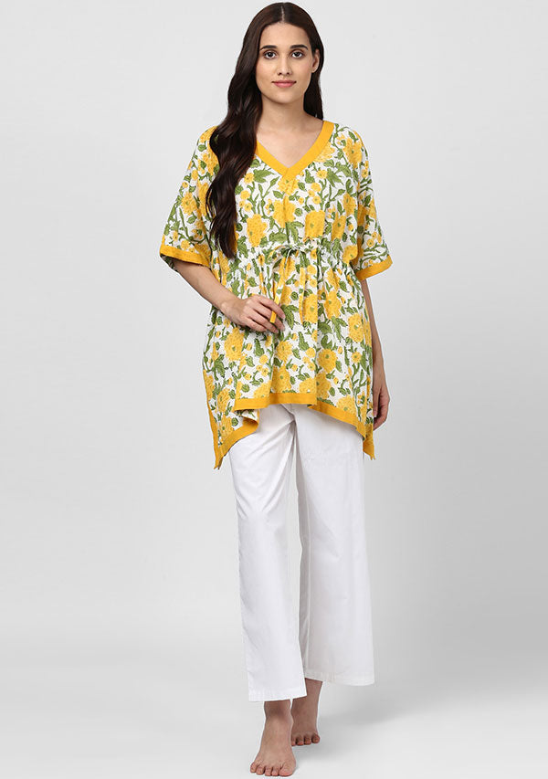 Yellow White Floral Hand Block Printed Short Kaftan Tunic - unidra.myshopify.com