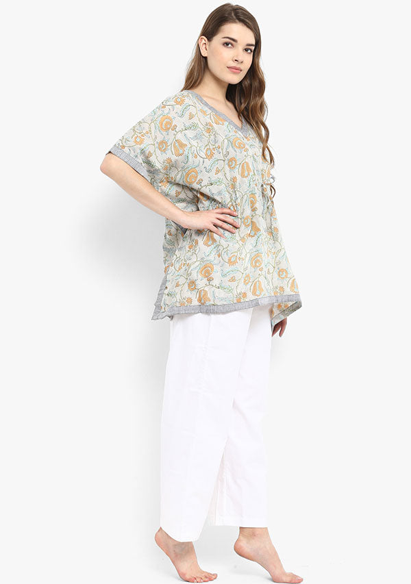 Grey mustard Hand Block printed Short Cotton Kaftan with White Pyjamas - unidra.myshopify.com