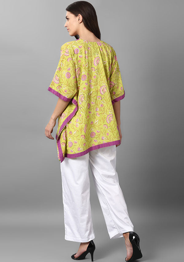 Lime Green Pink Floral Hand Block Printed Short Cotton Kaftan with White Pyjamas - unidra.myshopify.com