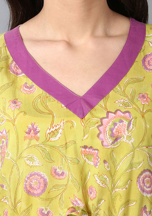 Lime Green Pink Floral Hand Block Printed Short Cotton Kaftan with White Pyjamas - unidra.myshopify.com