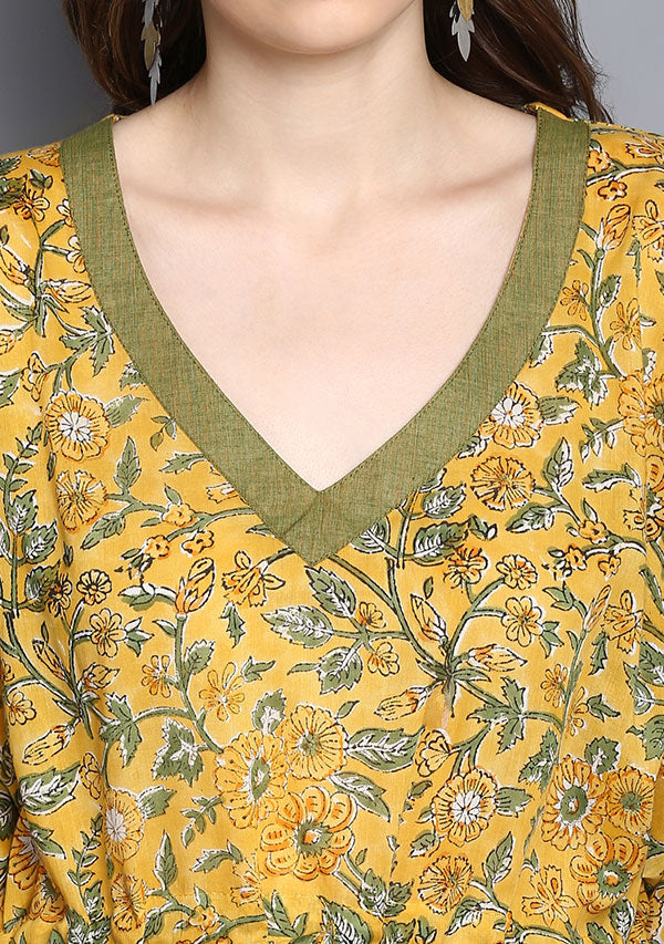 Yellow Green Floral Hand Block Printed Short Cotton Kaftan Tunic - unidra.myshopify.com