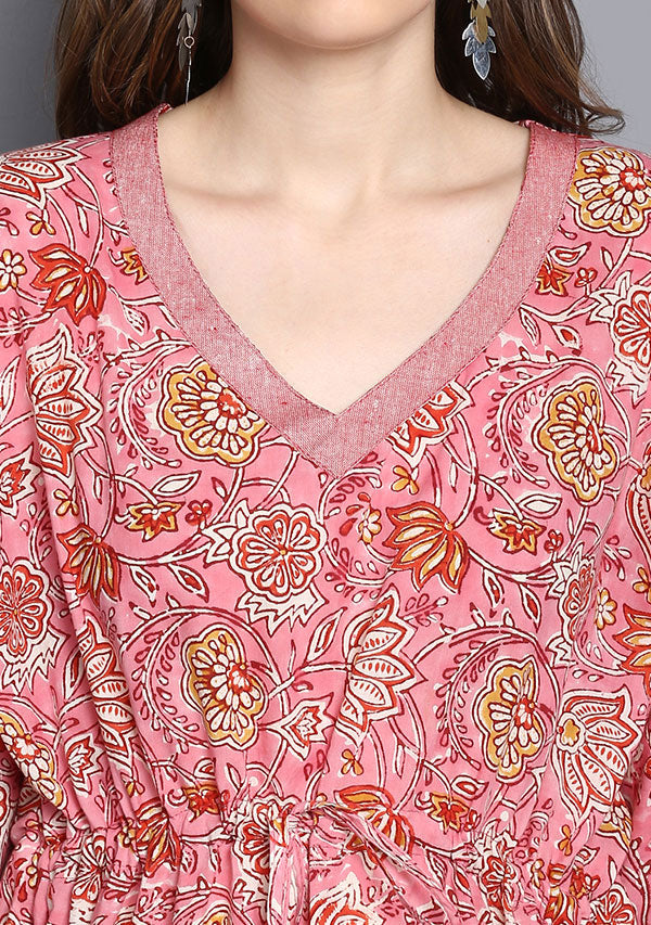 Pink Red Floral Hand Block Printed Short Cotton Kaftan Tunic - unidra.myshopify.com