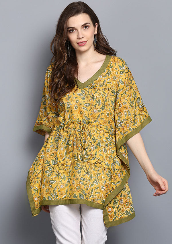Yellow Green Floral Hand Block Printed Short Cotton Kaftan Tunic - unidra.myshopify.com