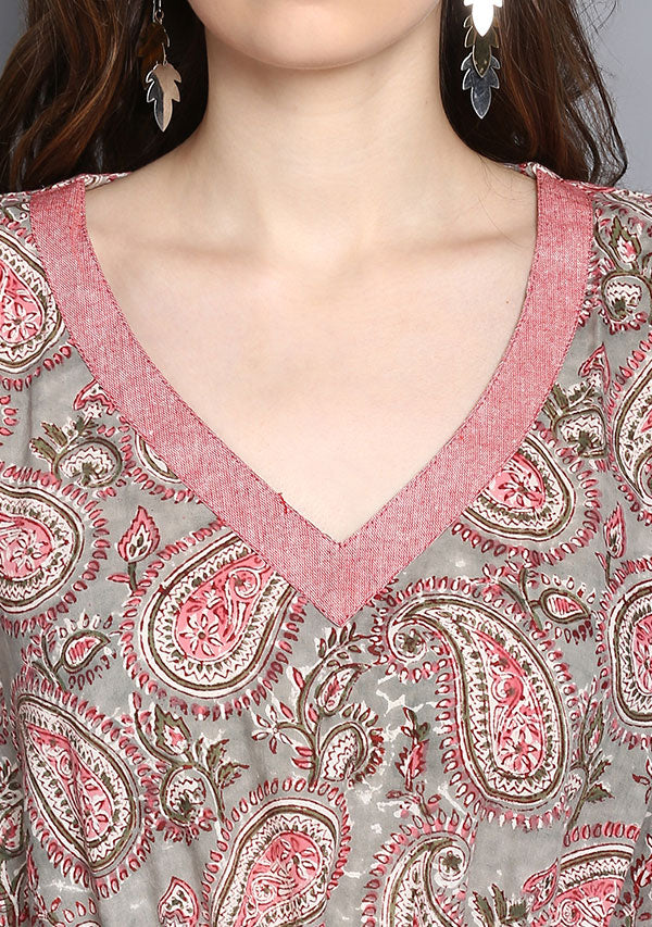 Grey Pink Paisley Hand Block Printed Short Cotton Kaftan Tunic - unidra.myshopify.com