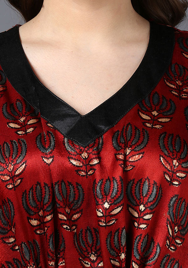 Red Black Printed Mushru Luxury Kaftan with Tie-Up Waist - unidra.myshopify.com