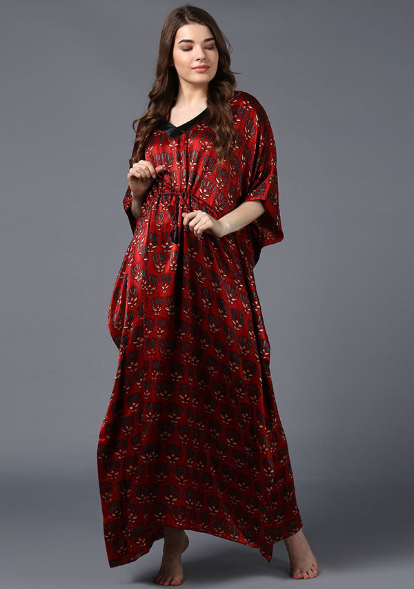 Red Black Printed Mushru Luxury Kaftan with Tie-Up Waist - unidra.myshopify.com