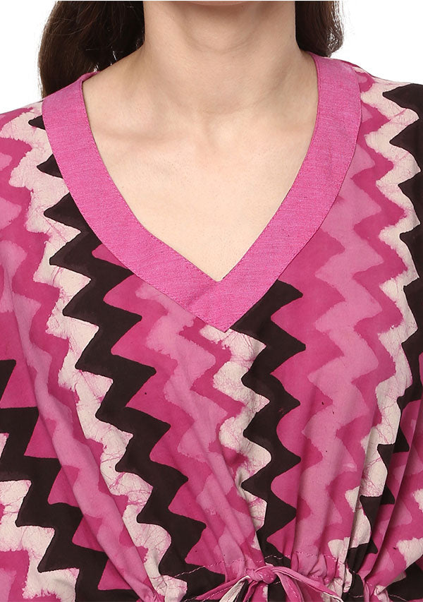 Pink White Chevron Hand Block Printed Tie-Up Waist Cotton Kaftan - unidra.myshopify.com