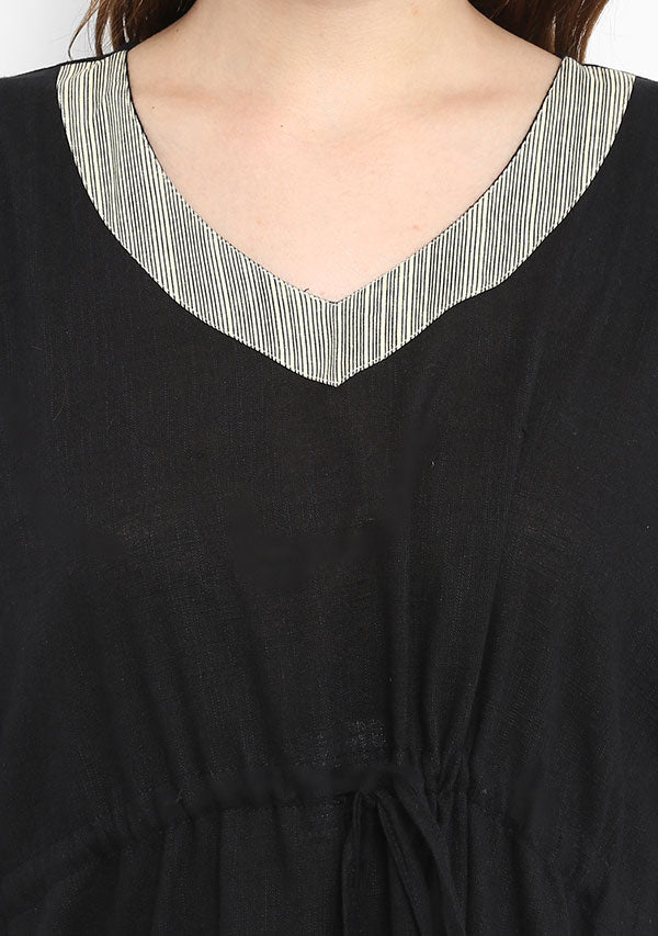Black Beige Tie-Up Waist Cotton Kaftan with Embroidery - unidra.myshopify.com