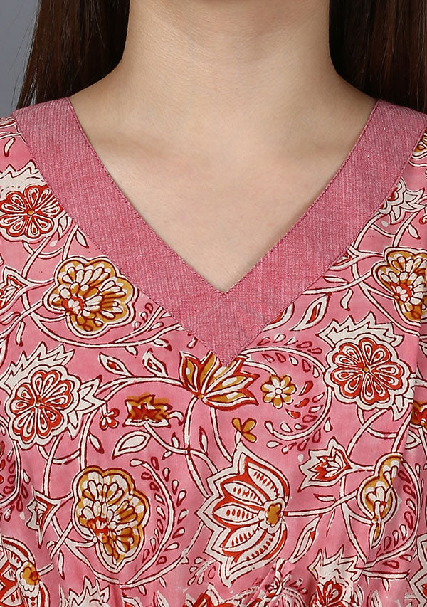 Pink Red Floral Hand Block Printed Tie-Up Waist Cotton Kaftan - unidra.myshopify.com