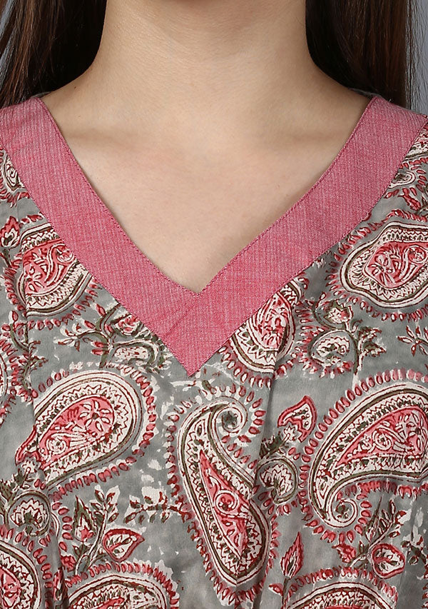 Grey Pink Paisley Hand Block Printed Tie-Up Waist Cotton Kaftan - unidra.myshopify.com