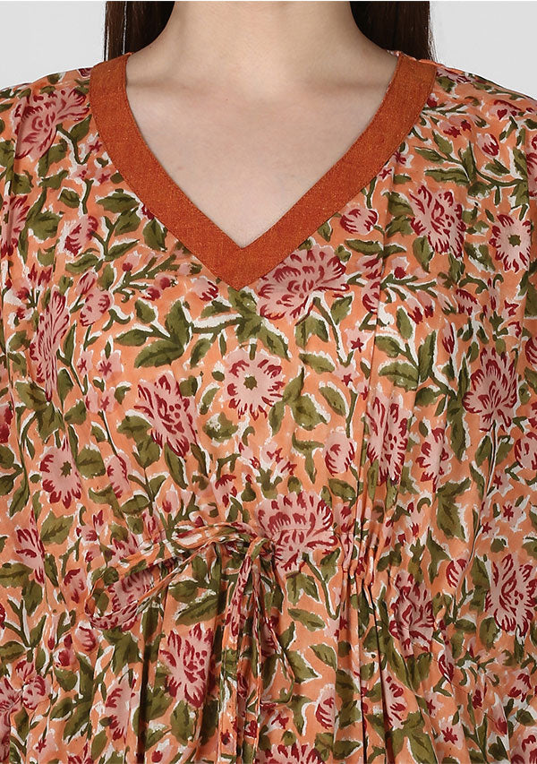 Peach Maroon Floral Hand Block Printed Tie-Up Waist Cotton Kaftan - unidra.myshopify.com