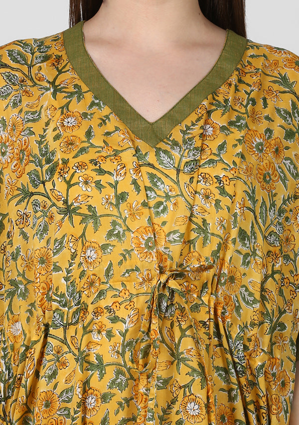 Yellow Green Floral Hand Block Printed Tie-Up Waist Cotton Kaftan - unidra.myshopify.com