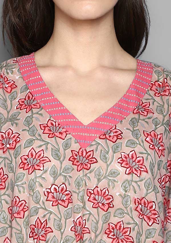 Beige Pink Flower Motif Hand Block Printed Tie Up Waist Cotton Kaftan - unidra.myshopify.com