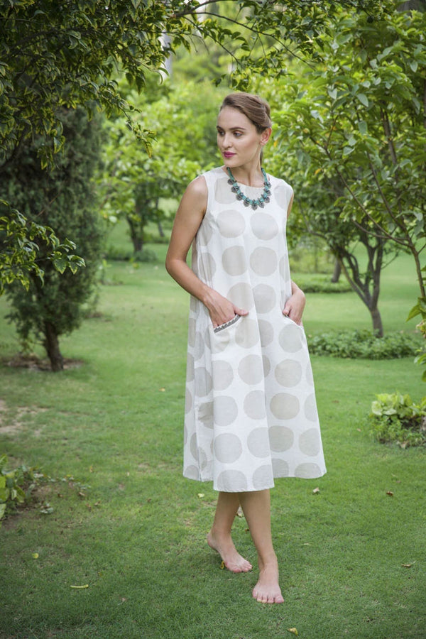 Beige Polka Printed Calf Length Cotton Dress - unidra.myshopify.com