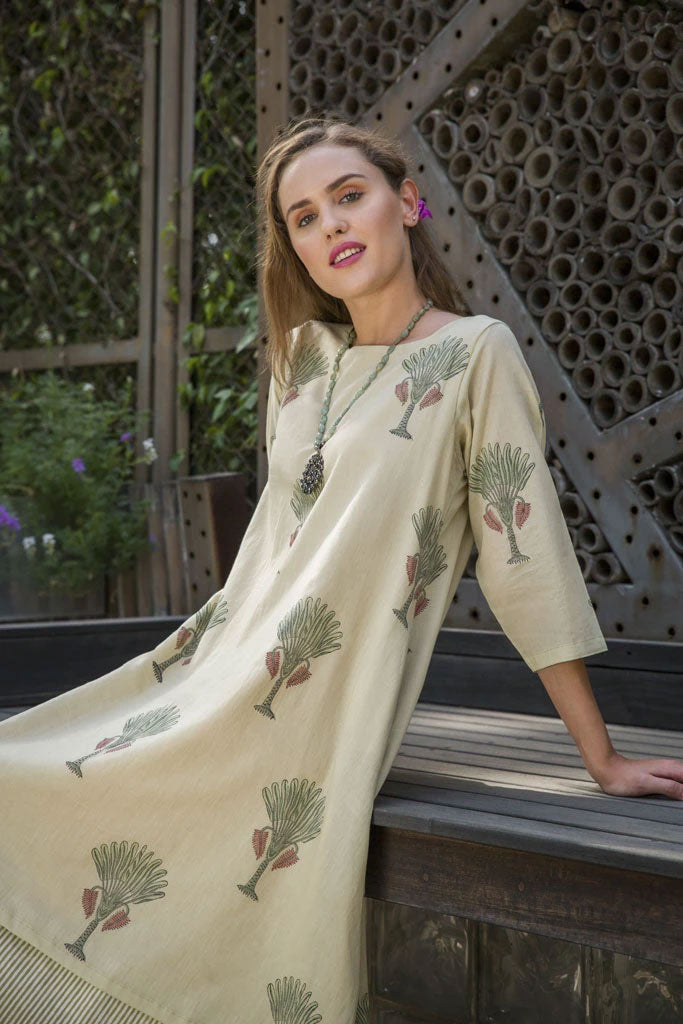 Khaki Green Tree Motif Hand Block Printed Layered Cotton Dress with Sleeves - unidra.myshopify.com