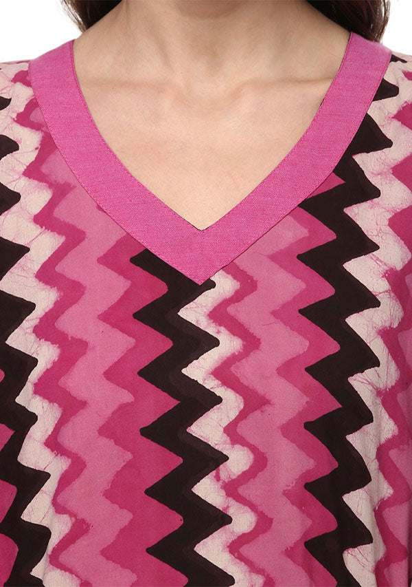 Pink White Chevron Hand Block Printed V-Neck Cotton Kaftan - unidra.myshopify.com