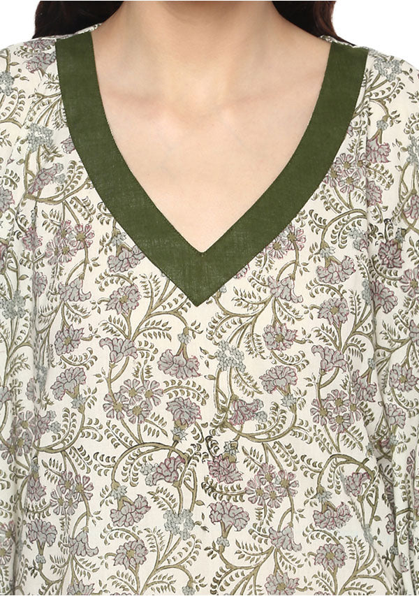 Ivory Green Floral Hand Block Printed V-Neck Cotton Kaftan - unidra.myshopify.com