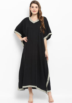 Black Beige V- Neck Cotton Kaftan with Embroidery - unidra.myshopify.com
