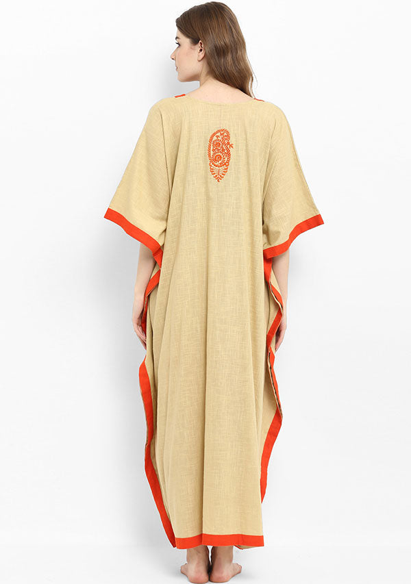Beige Orange V-Neck Cotton Kaftan with Embroidery - unidra.myshopify.com