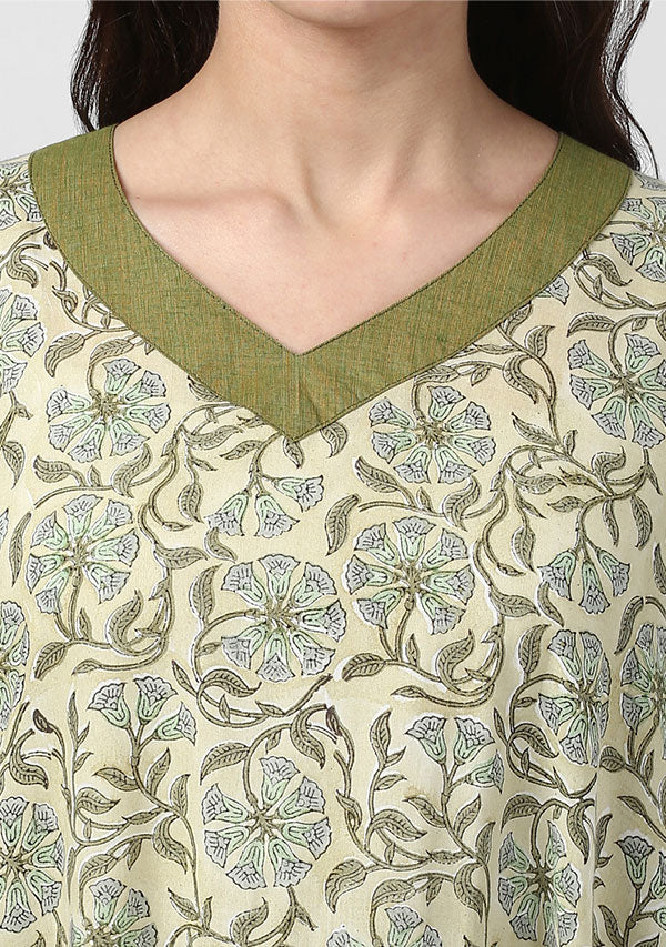 Green Floral Hand Block Printed V-Neck Cotton Kaftan - unidra.myshopify.com