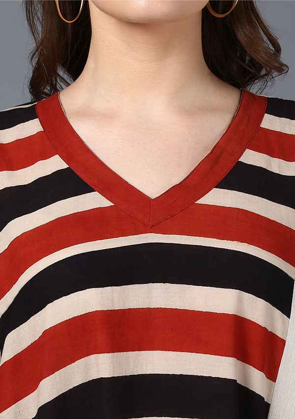 Red Black beige Striped Hand Block Printed V-Neck Cotton Kaftan - unidra.myshopify.com