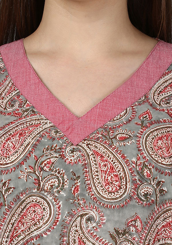 Grey Pink Paisley Hand Block Printed V-Neck Cotton Kaftan - unidra.myshopify.com