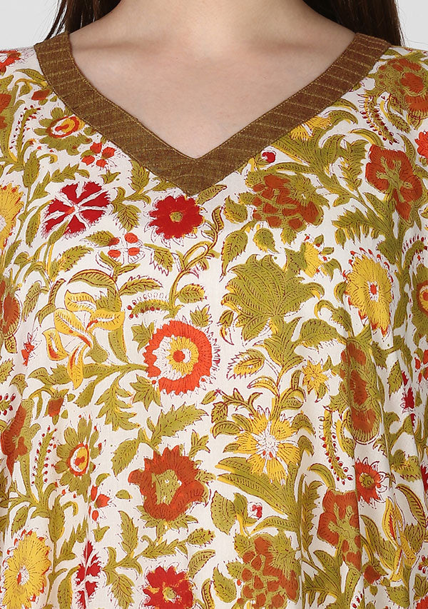 Multicolor Floral Hand Block Printed  V-Neck Cotton Kaftan - unidra.myshopify.com