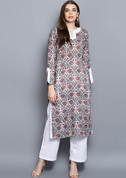 ADAA Maroon Green Mughal Hand Block Printed Cotton Kurta with Pants - unidra.myshopify.com