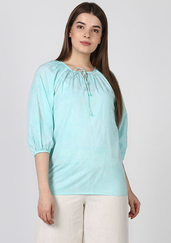 Turquoise Ivory Striped Cotton Tunic with Raglan Sleeves - unidra.myshopify.com