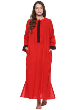 Red Black Bell Sleeves Cotton Night Dress Long Sleeves and Zip Detail - unidra.myshopify.com