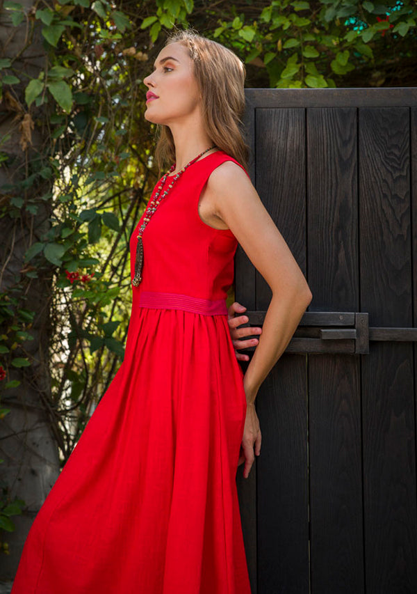 Red Sleeveless Cotton Dress with Gathers - unidra.myshopify.com