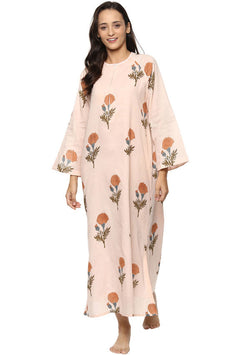 Peach Pink Flower Motif Hand Block Printed Night Dress with Long Sleeves and Zip Detail - unidra.myshopify.com