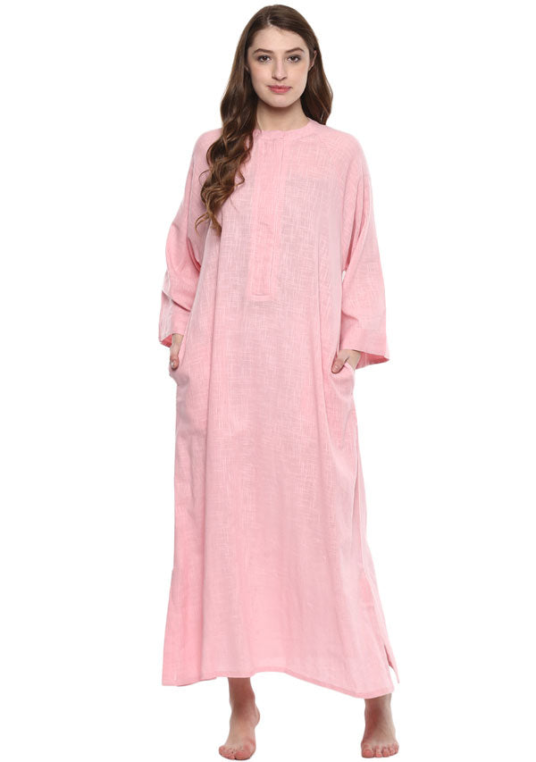 Pink Cotton Night Dress With Long Sleeves and Zip Detail - unidra.myshopify.com