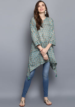 Khakhi Turquoise Floral Hand Block Printed Asymmetric Tunic with Side Tails and Tassels - unidra.myshopify.com