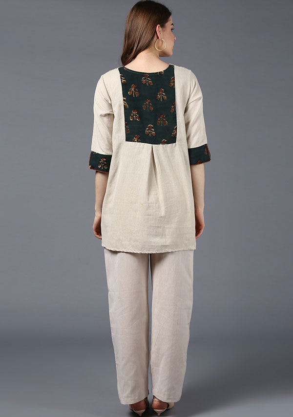 Beige Cotton Tunic with Green Hand Block Printed Patch Pocket and Cuffs - unidra.myshopify.com