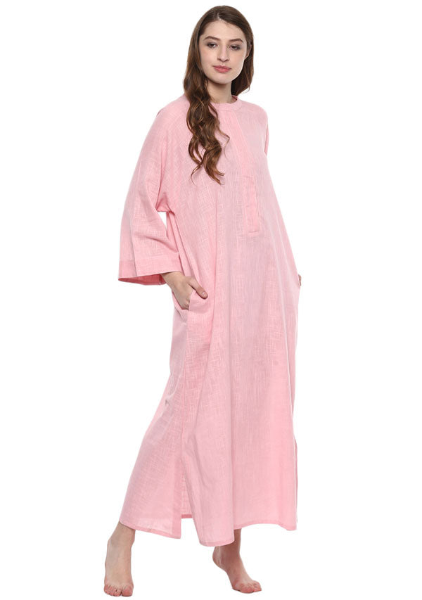 Pink Cotton Night Dress With Long Sleeves and Zip Detail - unidra.myshopify.com