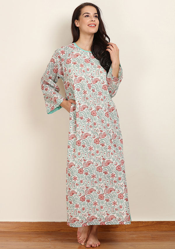 Turquoise Peach Floral Hand Block Printed Cotton Night Dress Long Sleeves and Zip Detail - unidra.myshopify.com